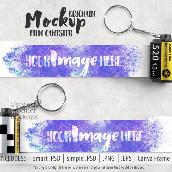 Dye sublimation film canister keychain Mockup | Add your own image and background