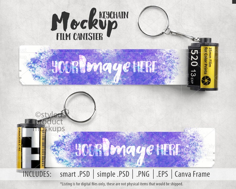 May include: A mockup of a film canister keychain with a silver keyring. The design features a purple and blue watercolor effect with the text "YOUR image HERE". The film canister is black and yellow with the text "520 13 EXP".