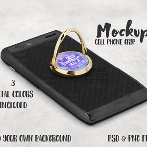May include: A gold cell phone grip with a colorful design that says "Your Image Here". The grip is attached to a black smartphone. The image is a mockup for a cell phone grip.