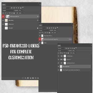 Op de afbeelding: Een digitale ontwerp-mockup met een houten plank en meerdere gelaagde Photoshop-panelen. De tekst "PSD ORGANIZED LAYERS FOR COMPLETE CUSTOMIZATION" wordt in het wit weergegeven. De panelen tonen opties voor het plaatsen van afbeeldingen en het aanpassen van lagen.
