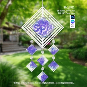May include: A white, diamond-shaped wind chime with a purple and blue watercolour design. The wind chime has a series of diamond-shaped pendants and clear beads. The text "Mockup by SPM" is visible on the wind chime. The image includes text about the digital files.