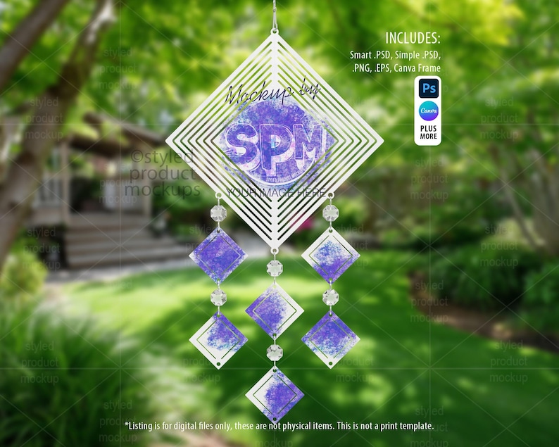May include: A white, diamond-shaped wind chime with a purple and blue watercolour design. The wind chime has a series of diamond-shaped pendants and clear beads. The text "Mockup by SPM" is visible on the wind chime. The image includes text about the digital files.