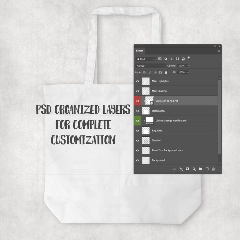 Pu&ograve; includere: Una borsa tote bianca con manici lunghi, con il testo "PSD ORGANIZED LAYERS FOR COMPLETE CUSTOMIZATION" in nero. Un pannello di interfaccia digitale &egrave; visibile sul lato destro della borsa.
