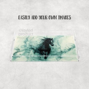 May include: Clear acrylic serving tray featuring a black horse illustration with teal and white accents. The tray has a rectangular shape with raised edges. Text on the tray reads "Easily add your own images".