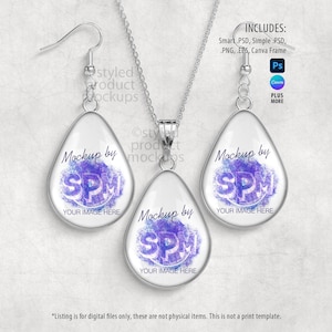May include: A silver-toned jewelry set featuring a teardrop pendant necklace and matching earrings. Each piece has a white background with a purple and blue design and the text "Mockup by SPM YOUR IMAGE HERE". The image includes the text "INCLUDES: Smart .PSD, Simple .PSD, .PNG, .EPS, Canva Frame".