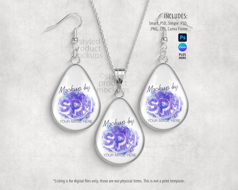 May include: A silver-toned jewelry set featuring a teardrop pendant necklace and matching earrings. Each piece has a white background with a purple and blue design and the text "Mockup by SPM YOUR IMAGE HERE". The image includes the text "INCLUDES: Smart .PSD, Simple .PSD, .PNG, .EPS, Canva Frame".