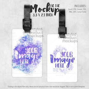 May include: Two white luggage tags with black leather straps. The tags are 3.3 inches by 2.1 inches. One tag has a watercolor design with a purple and blue color scheme. The other tag has a floral design with a purple and white color scheme. Both tags have the text "Your Image Here" in white.