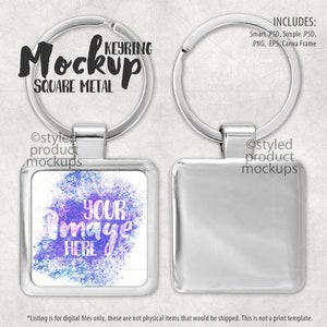May include: A silver metal keychain mockup with a square metal tag. The tag has a white background with a blue and purple watercolour design and the text "YOUR Image HERE". The keychain is on a white textured background.