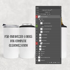 May include: Two white insulated drink holders with black lids and accents. The text "PSD ORGANIZED LAYERS FOR COMPLETE CUSTOMIZATION" is printed on the side. A digital design interface is visible in the background.