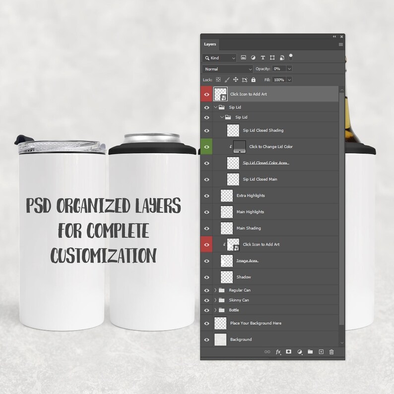May include: Two white insulated drink holders with black lids and accents. The text "PSD ORGANIZED LAYERS FOR COMPLETE CUSTOMIZATION" is printed on the side. A digital design interface is visible in the background.