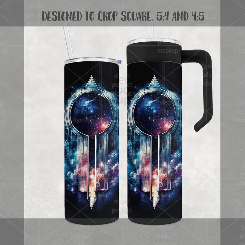 May include: Two black insulated tumblers with a celestial design. One has a handle and the other has a straw. The design features a galaxy scene with a central circular element and geometric shapes. The text "DESIGNED TO CROP SQUARE. 5:4 AND 4:5" is at the top.