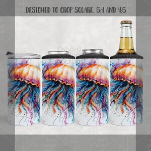 May include: A selection of drink holders with a colourful jellyfish design. The items include a travel mug, can coolers, and a bottle cooler. The jellyfish are orange, purple, and blue, set against a white background.