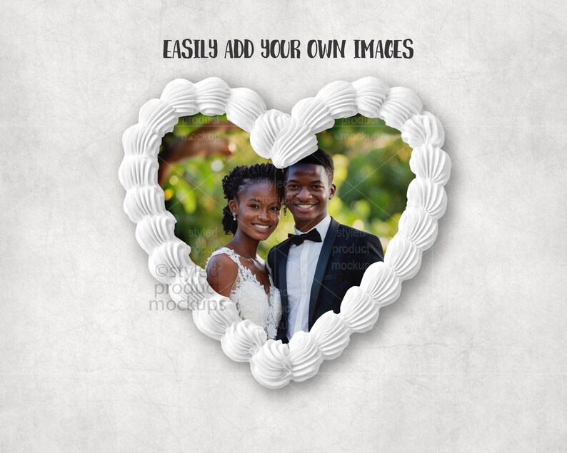 May include: A heart-shaped frame with a white, textured border, filled with a photo of a smiling couple. The frame is set against a textured, off-white background. Text at the top reads "EASILY ADD YOUR OWN IMAGES".