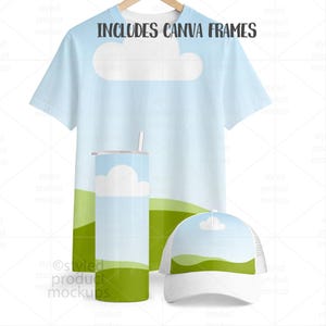 Pu&ograve; includere: Una t-shirt azzurra, un bicchiere cilindrico con cannuccia e un cappellino bianco, tutti caratterizzati da una stampa di colline verdi sotto un cielo azzurro con nuvole bianche. Il testo INCLUDES CANVA FRAMES &egrave; visibile.
