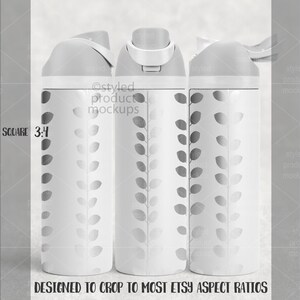 May include: Three white water bottles with grey lids and a leaf pattern. The bottles are designed to crop to most Etsy aspect ratios. The text "4:3 SQUARE 3:4" is visible on the left side of the image.