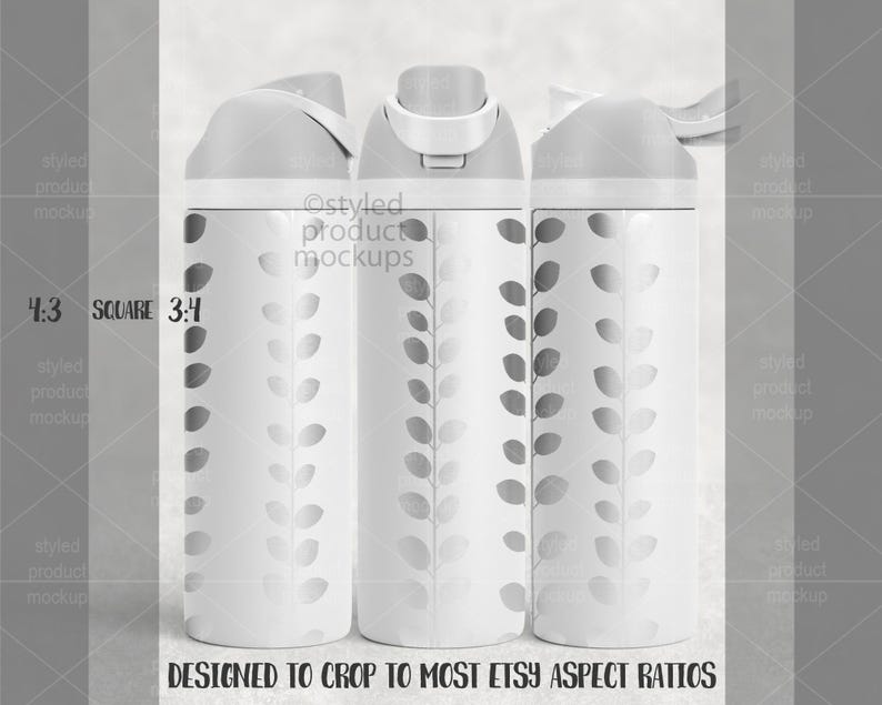 May include: Three white water bottles with grey lids and a leaf pattern. The bottles are designed to crop to most Etsy aspect ratios. The text "4:3 SQUARE 3:4" is visible on the left side of the image.