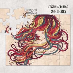 May include: A jigsaw puzzle with a colorful illustration of a woman with long, flowing hair. The puzzle is missing a few pieces. The text "EASILY ADD YOUR OWN IMAGES" is printed on the puzzle.