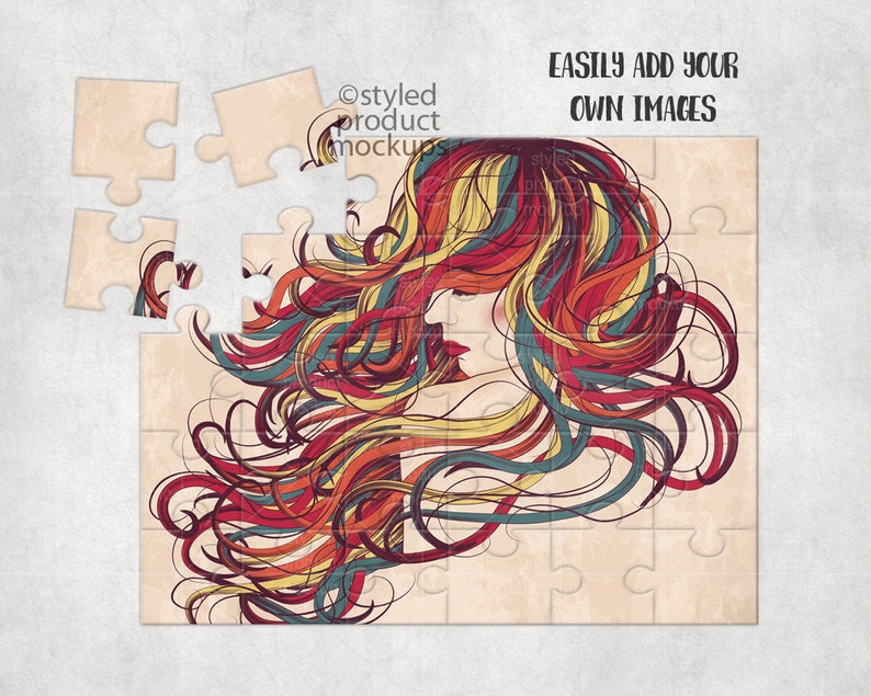May include: A jigsaw puzzle with a colorful illustration of a woman with long, flowing hair. The puzzle is missing a few pieces. The text "EASILY ADD YOUR OWN IMAGES" is printed on the puzzle.