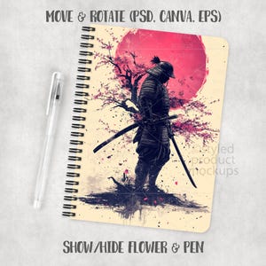 May include: Spiral-bound notebook featuring a samurai warrior illustration with a red sun and cherry blossoms. A clear pen rests beside the notebook. The text "MOVE & ROTATE (PSD, CANVA, EPS)" and "SHOW/HIDE FLOWER & PEN" are visible.