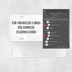 May include: A white rectangular product mockup with rounded corners, displaying the text "PSD ORGANIZED LAYERS FOR COMPLETE CUSTOMIZATION" in black. A digital interface with layers is visible on the right.