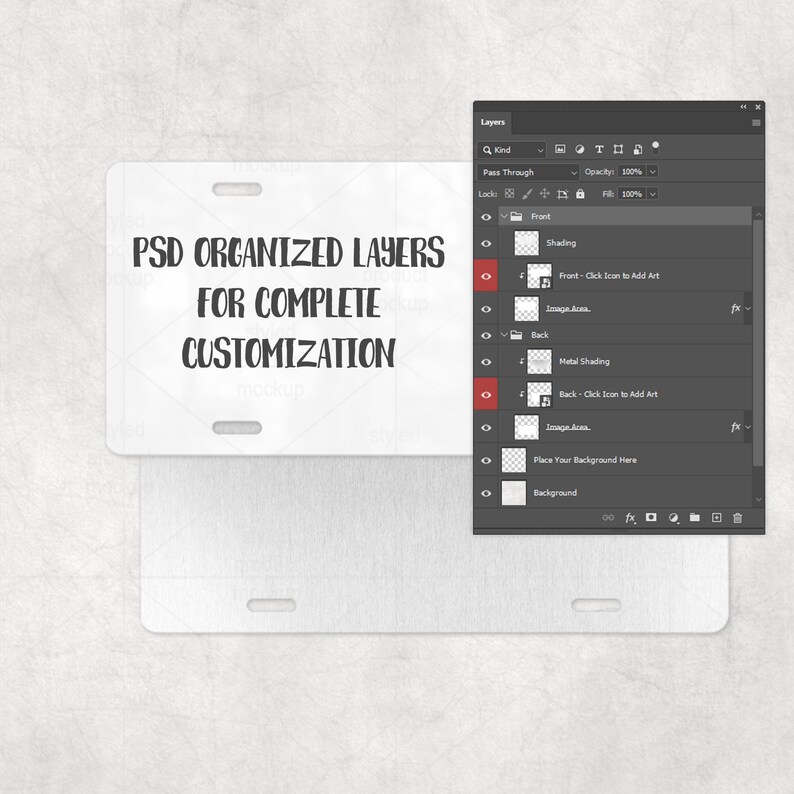 May include: A white rectangular product mockup with rounded corners, displaying the text "PSD ORGANIZED LAYERS FOR COMPLETE CUSTOMIZATION" in black. A digital interface with layers is visible on the right.