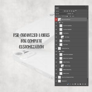 May include: A digital mockup of a phone case with a layered design in a software interface. The text "PSD ORGANIZED LAYERS FOR COMPLETE CUSTOMIZATION" is displayed. The interface shows various layers for customization.