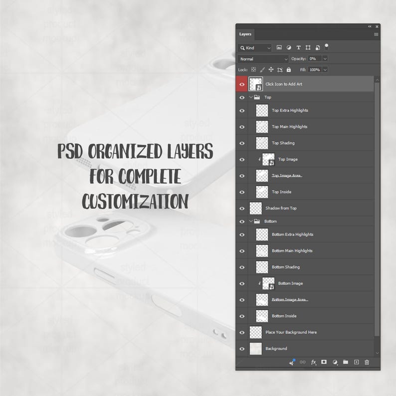May include: A digital mockup of a phone case with a layered design in a software interface. The text "PSD ORGANIZED LAYERS FOR COMPLETE CUSTOMIZATION" is displayed. The interface shows various layers for customization.