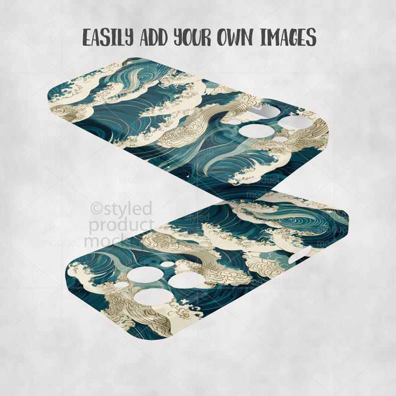 Pode incluir: Duas capas de telem&oacute;vel com um padr&atilde;o de ondas japonesas em tons de azul, turquesa e creme. As capas est&atilde;o anguladas, mostrando o design e os recortes para a c&acirc;mara e os bot&otilde;es. O texto "EASILY ADD YOUR OWN IMAGES" est&aacute; no topo.