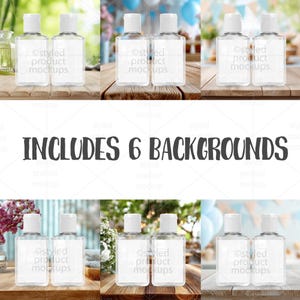 May include: A product mockup featuring six different backgrounds. The image shows pairs of clear, rectangular bottles with white caps and blank labels. The text "INCLUDES 6 BACKGROUNDS" is displayed in the center.