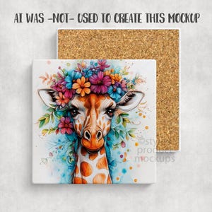 Puede incluir: Posavasos cuadrado de cer&aacute;mica con una jirafa con una corona floral. La jirafa tiene manchas naranjas y blancas, con una colorida corona de flores rosas, azules y naranjas. Un posavasos de corcho est&aacute; detr&aacute;s del posavasos de cer&aacute;mica. El texto en la parte superior dice: AI WAS -NOT- USED TO CREATE THIS MOCKUP.