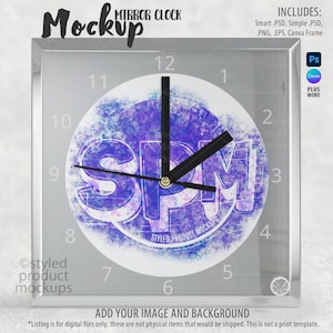 May include: Square mirror clock with a white face and black hands. The clock face features a purple and blue design with the letters "SPM". The words "Mockup" and "Mirror Clock" are at the top. The clock includes digital files for customization.