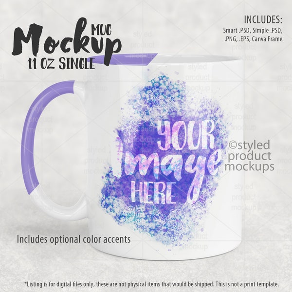 Dye sublimation 11oz mug mockup with optional color handle and rim Mockup | Add your own image and background | Canva frame mockup