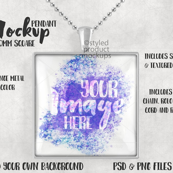 Square 30mm tray pendant with glass cabochon Mockup | Add your own image and background