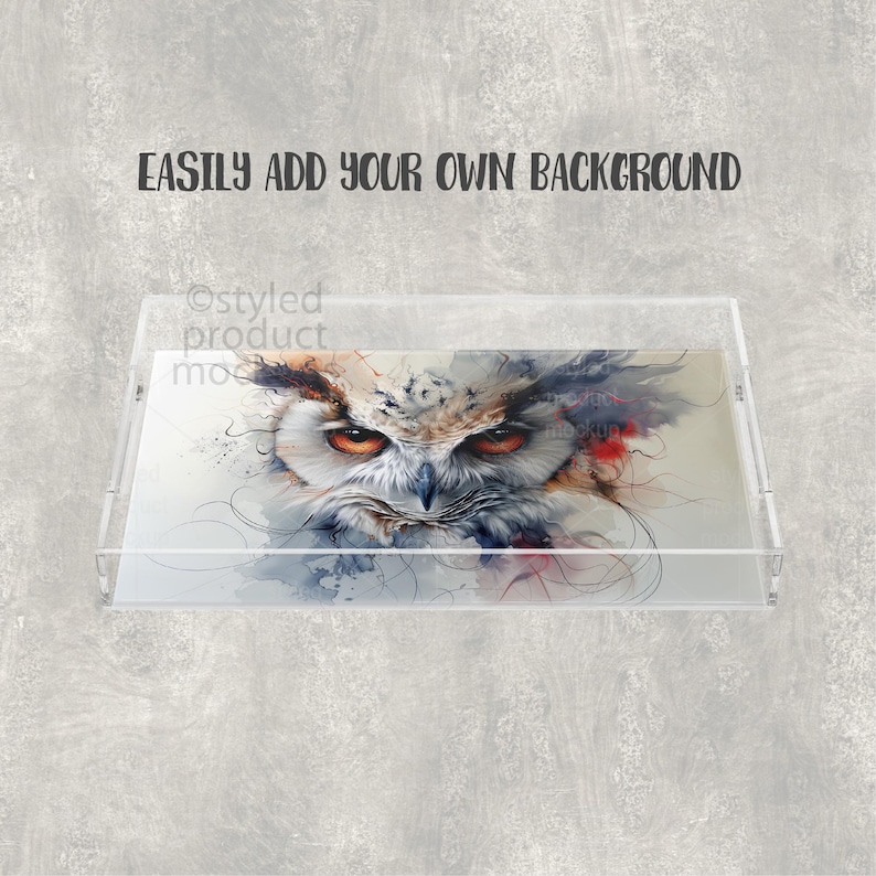May include: A clear acrylic tray with a watercolor painting of an owl. The owl has orange eyes and brown and white feathers. The text "EASILY ADD YOUR OWN BACKGROUND" is above the tray.