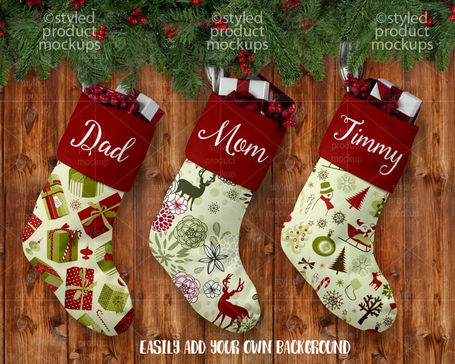Christmas stocking set template mockup Add your own image
