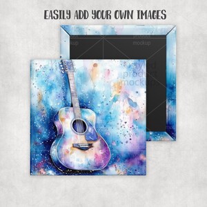 Puede incluir: Impresi&oacute;n art&iacute;stica de guitarra ac&uacute;stica con efecto acuarela. La guitarra est&aacute; pintada en tonos azules, morados y rosas, con cuerpo y cuerdas detalladas. El fondo presenta salpicaduras de colores, y el texto "EASILY ADD YOUR OWN IMAGES" est&aacute; en la parte superior.