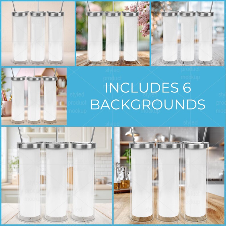 Op de afbeelding: Een productmockup met zes verschillende achtergronden. De afbeelding toont verschillende heldere, cilindrische bekers met zilveren deksels en rietjes. De tekst "INCLUDES 6 BACKGROUNDS" wordt in het wit op een blauwe achtergrond weergegeven.