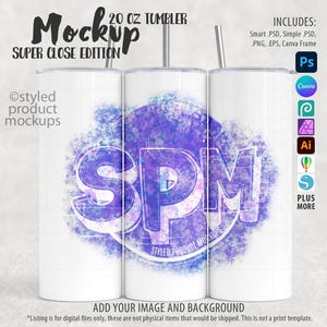 May include: Mockup of a 20 ounce white tumbler with a purple and blue watercolor design. The design includes the letters "SPM" and the text "Styled Product Mockups".