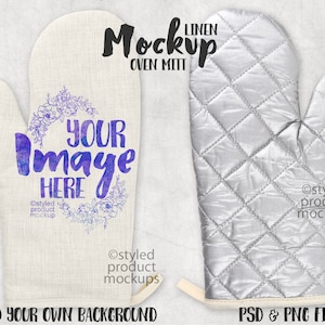 May include: Two oven mitts, one is a white linen mitt with a purple floral design and the text "YOUR Image HERE" and the other is a silver quilted mitt. Both mitts have a white fabric loop.