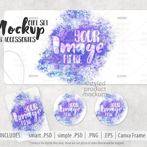 May include: A mockup of a car accessory gift set with a watercolor design. The set includes a license plate, a car air freshener, and two car coasters. The design features a purple and blue watercolor background with the text "Your Image Here" in white.