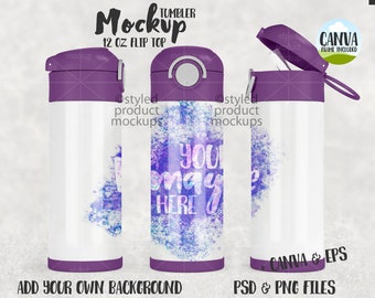 Dye sublimation  12oz color flip top water bottle Mockup | Add your own image and background | Canva Frame Mockup