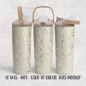 May include: Three beige water bottles with floral patterns and tan lids. The bottles have a handle and a flip-top spout. The text "AI WAS -NOT- USED TO CREATE THIS MOCKUP" is at the bottom.