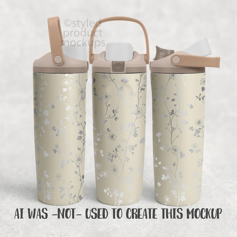 May include: Three beige water bottles with floral patterns and tan lids. The bottles have a handle and a flip-top spout. The text "AI WAS -NOT- USED TO CREATE THIS MOCKUP" is at the bottom.