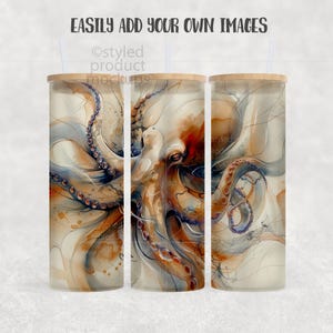 May include: Three cylindrical tumblers with wooden lids, each featuring a watercolor illustration of an octopus in shades of orange, brown, and blue. The text "EASILY ADD YOUR OWN IMAGES" is at the top. The tumblers are a product mockup.
