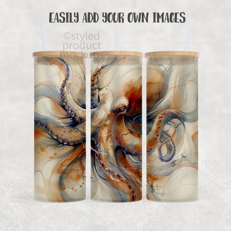 May include: Three cylindrical tumblers with wooden lids, each featuring a watercolor illustration of an octopus in shades of orange, brown, and blue. The text "EASILY ADD YOUR OWN IMAGES" is at the top. The tumblers are a product mockup.