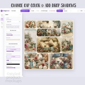 May include: A digital interface for a collage builder application displaying a layout of seven rectangular images featuring watercolor-style cottages with floral gardens. The sidebar shows controls for gap color, corner radius, and drop shadow settings.