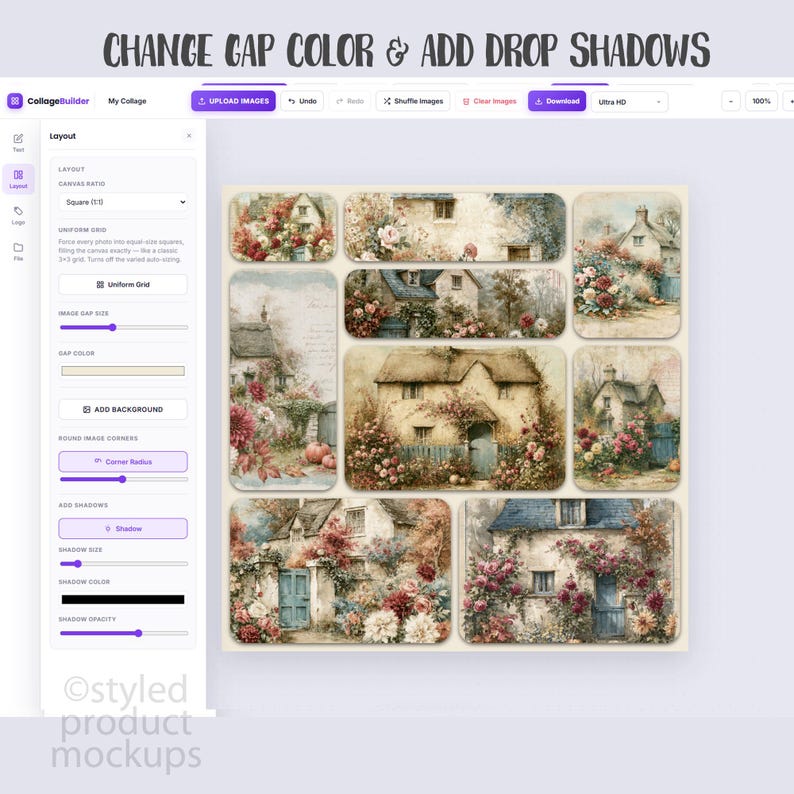 May include: A digital interface for a collage builder application displaying a layout of seven rectangular images featuring watercolor-style cottages with floral gardens. The sidebar shows controls for gap color, corner radius, and drop shadow settings.