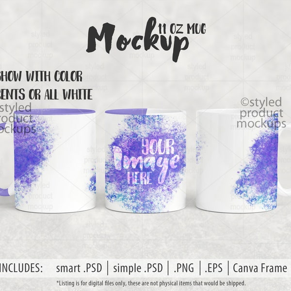 Dye sublimation 11oz mug full wrap view Mockup | Add your own image and background | canva frame mockup