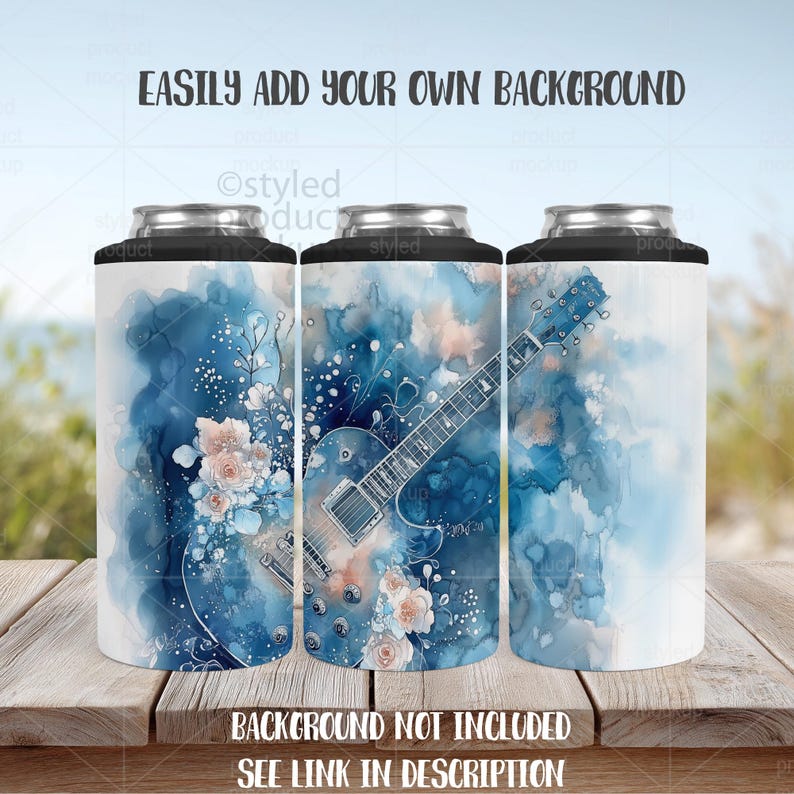 May include: Three can coolers with a watercolor design. The design features a blue guitar, flowers, and abstract blue and white watercolor splashes. The text "EASILY ADD YOUR OWN BACKGROUND" and "BACKGROUND NOT INCLUDED SEE LINK IN DESCRIPTION" are visible.