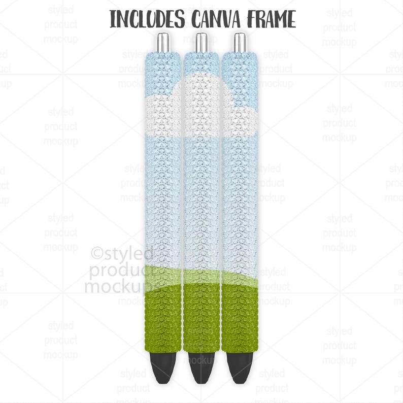 May include: Three pens with a textured design. The pens have a light blue and white pattern, with a green textured grip and black tips. The text "INCLUDES CANVA FRAME" is at the top.